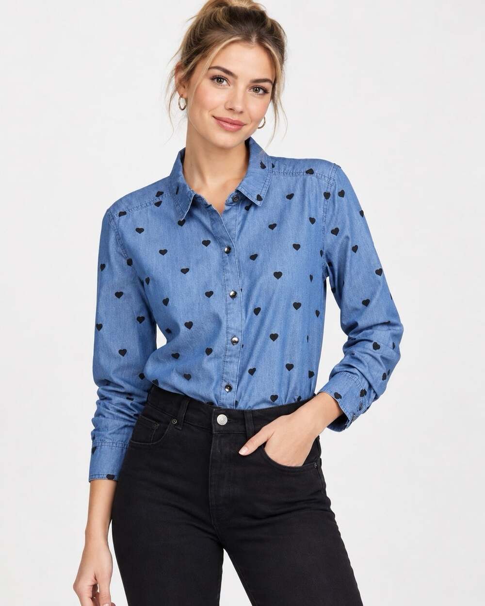 Splendid M Chambray Button Shirt Embroidered Hearts Blue Casual Romantic Layer